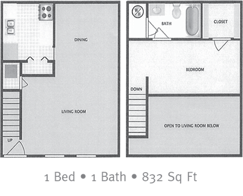 Floor plan for 1 bed, 1 bath, 832 sqft